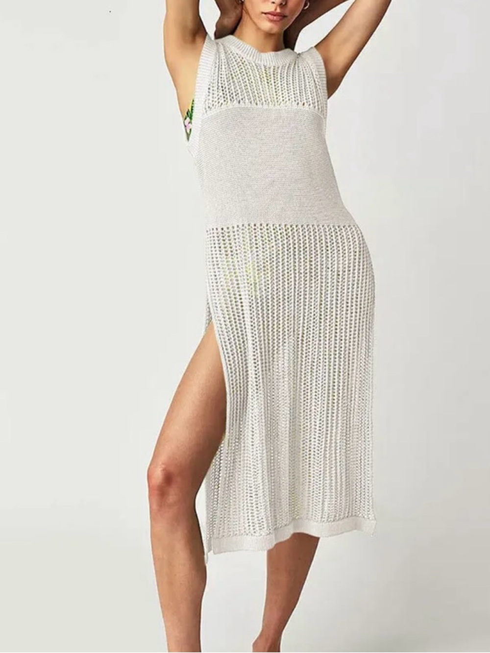 Free People White Crochet Midi Dress Cover Up Side Slit Boho Beach Size L - Picture 2 of 13